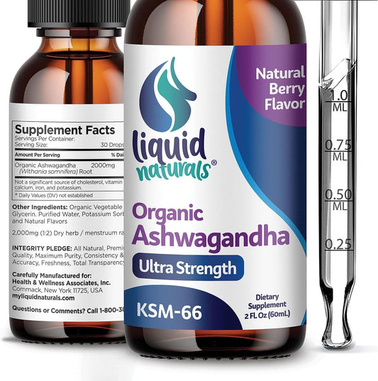 Organic Ashwagandha Liquid Drops 2000mg – Natural Berry Flavor – 2 oz