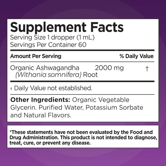 Organic Ashwagandha Liquid Drops 2000mg – Natural Berry Flavor – 2 oz