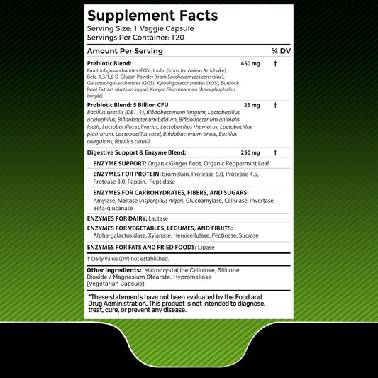 Digestive Enzymes with Prebiotics and Probiotics Supplement Capsules - 120 Count