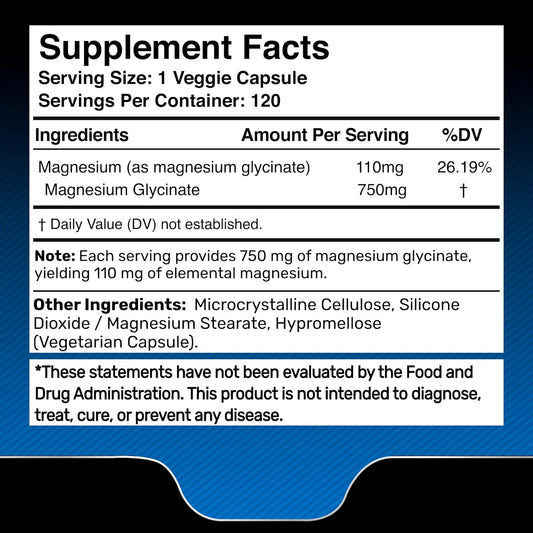 Magnesium Glycinate Capsules, Pure Complex, High Absorption Supplement - 120 Count