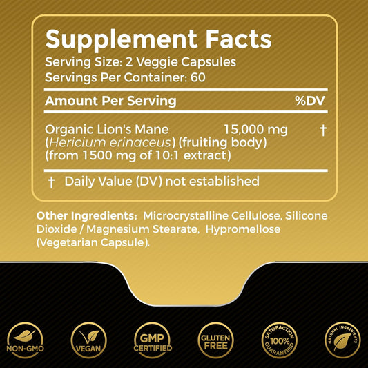 Lions Mane Supplement Capsules, Mushroom Supplement for Focus and Immune - 120 Count