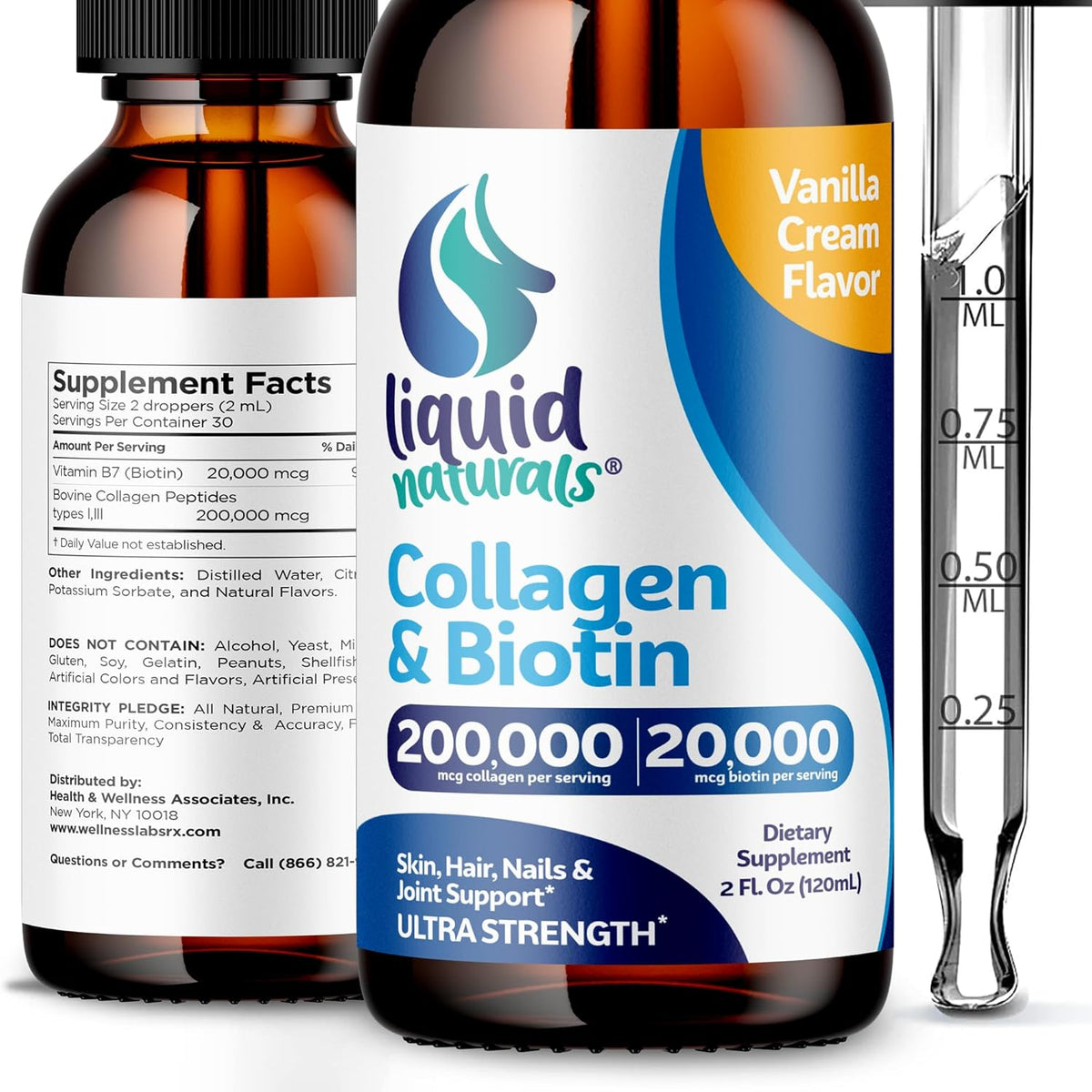 Liquid Collagen with Biotin Drops, Vitamin B7 for Hair, Skin, Nails - Vanilla Flavor