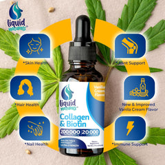 Liquid Collagen with Biotin Drops, Vitamin B7 for Hair, Skin, Nails - Vanilla Flavor